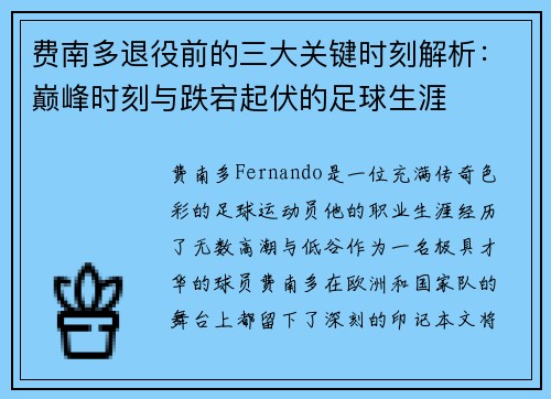费南多退役前的三大关键时刻解析：巅峰时刻与跌宕起伏的足球生涯